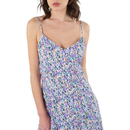 Robe mi-longue à fines bretelles multicolore fleurie à coupe évasée et col v - Image 4