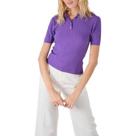 Polo violet côtelé à coupe près du corps col boutonné et à manches courtes - Image 4