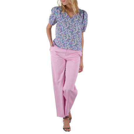 T-shirt multicolore fleuri à coupe droite col v et à manches courtes