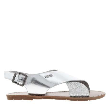 Nu-pieds argent et à glitter, à semelle plate, boucle et première pur cuir - Image 2