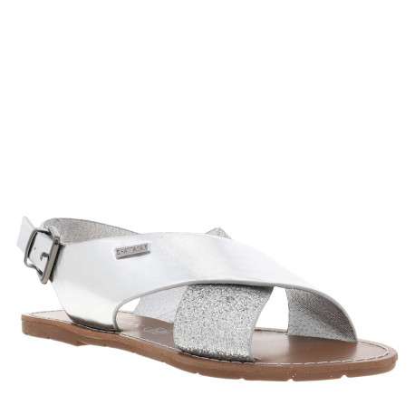 Nu-pieds argent et à glitter, à semelle plate, boucle et première pur cuir