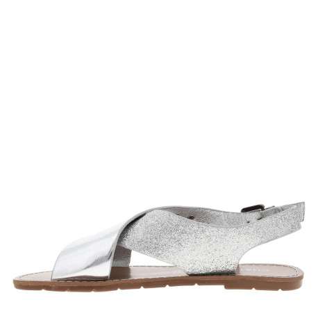 Nu-pieds argent et à glitter, à semelle plate, boucle et première pur cuir - Image 3