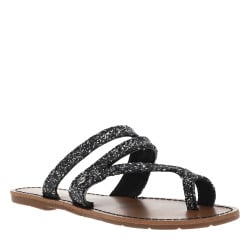 Sandales entre-doigts à glitter argent et noir, plates à première pur cuir 