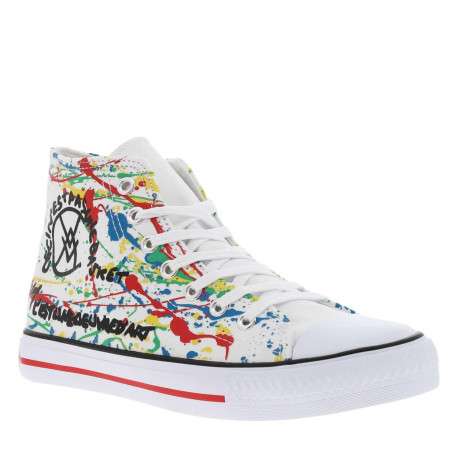 Baskets montantes en toile multicolore fond blanc à semelle plate vulcanisée
