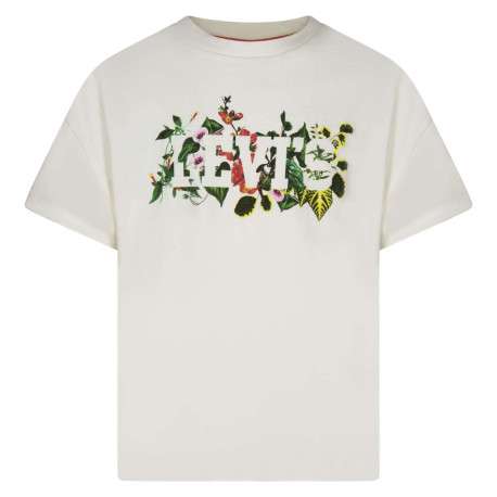 T-shirt en coton blanc uni avec feuilles et fleurs floquées à la poitrine
