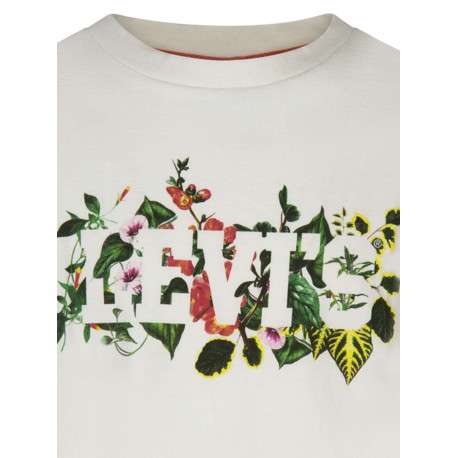 T-shirt en coton blanc uni avec feuilles et fleurs floquées à la poitrine - Image 3