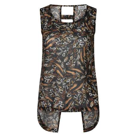 Top noir en voile semi-transparent fluide et ouvert dans le dos