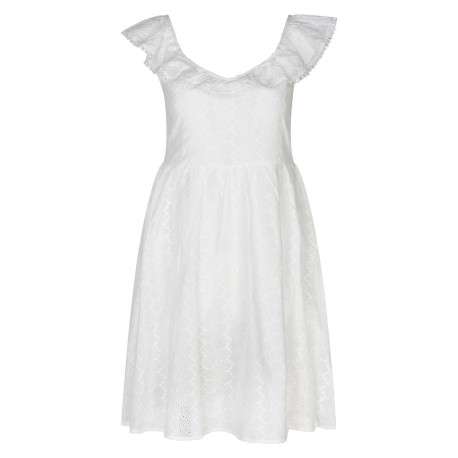 Robe courte blanche unie évasée en coton avec broderie anglaise et volant