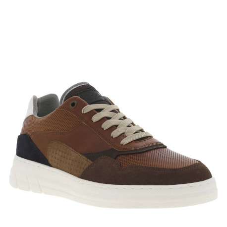 Sneakers en cuir marron à semelle semi-compensée blanche et lacets plats