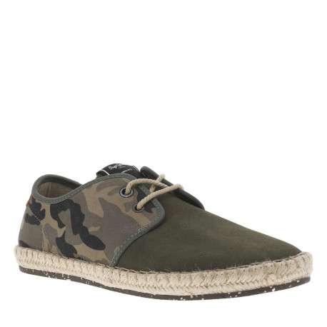 Basket en cuir suède kaki, doublure biologique, semelle cordée et lacet tressé