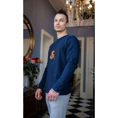 Pyjama Long marine fantaisie coupe fermée avec col rond et logo imprimé poitrine - Image 4