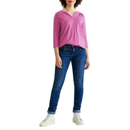 Blouse en coton biologique mélangé rouge imprimé losange à coupe droite et col v - Image 3