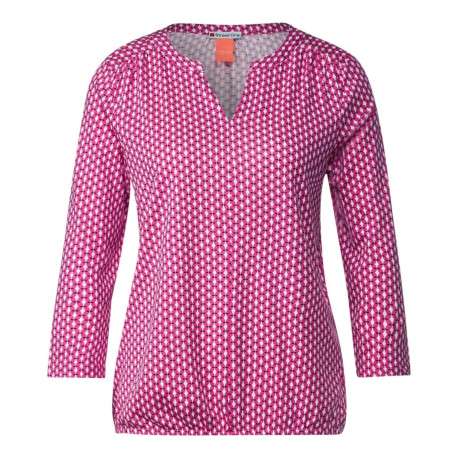 Blouse en coton biologique mélangé rouge imprimé losange à coupe droite et col v