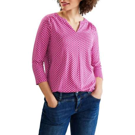 Blouse en coton biologique mélangé rouge imprimé losange à coupe droite et col v - Image 5
