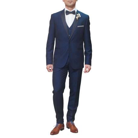 Veste blazer de costume bleue unie avec un col cubain et à manches longues