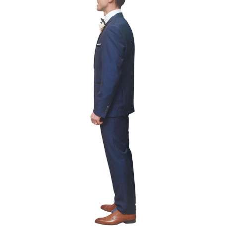 Veste blazer de costume bleue unie avec un col cubain et à manches longues - Image 3