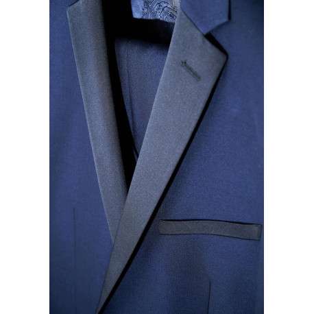 Veste blazer de costume bleue unie avec un col cubain et à manches longues - Image 5