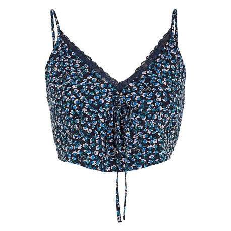 Top à fines bretelles marine fleuri avec une coupe cropped et un col v