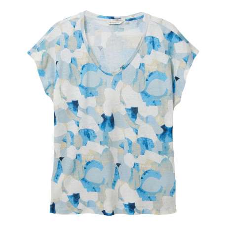 T-shirt en lin bleu imprimé abstrait avec une coupe droite et un col v