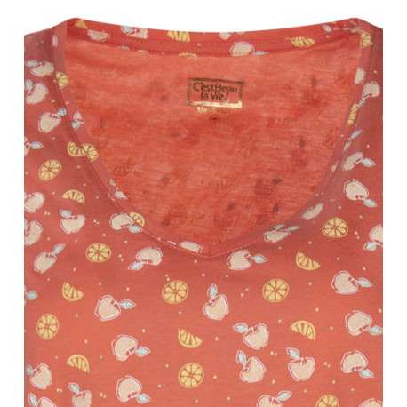 T-shirt Agrume en coton pêche imprimé fruit à coupe droite et col v - Image 3