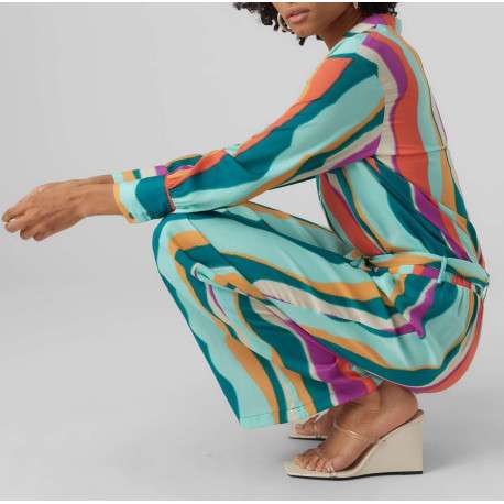 Pantalon pétrole imprimé abstrait avec une coupe large et une taille haute - Image 5