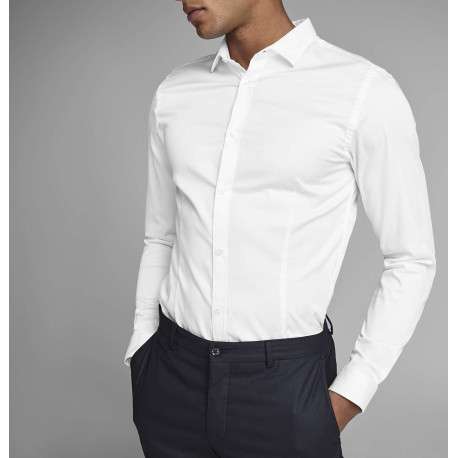 Chemise blanche unie à coupe ajustée col italien et à manches longues - Image 4
