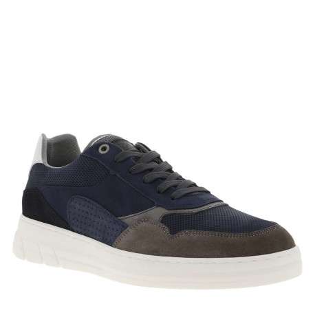 Sneakers en cuir marine à semelle semi-compensée blanche et lacets plats - Image 3