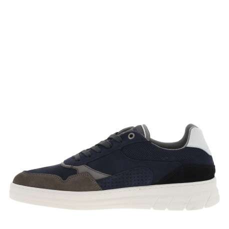 Sneakers en cuir marine à semelle semi-compensée blanche et lacets plats