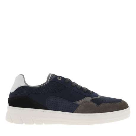 Sneakers en cuir marine à semelle semi-compensée blanche et lacets plats - Image 2