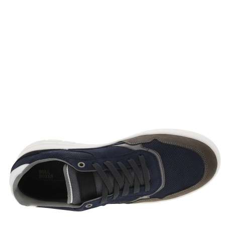 Sneakers en cuir marine à semelle semi-compensée blanche et lacets plats - Image 4