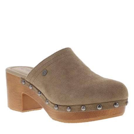 Mules en cuir nubuck taupe à enfiler, semelle aspect boisé, talon décroché moyen
