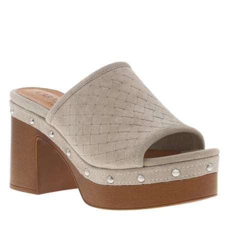 Nu-pieds en cuir nubuck tressé blanc cassé à semelle aspect boisé et talon haut