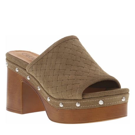 Nu-pieds en cuir nubuck tressé taupe à semelle aspect boisé et talon bloc haut