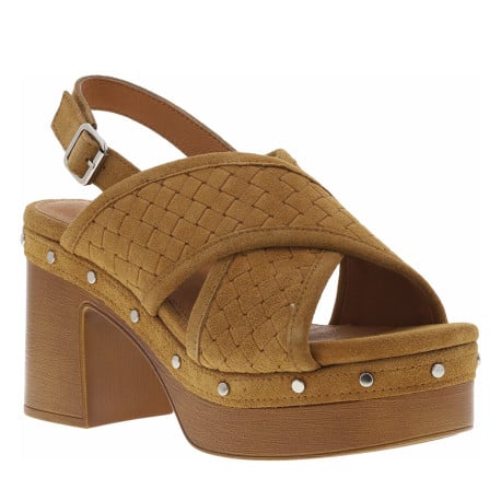 Nu-pieds en cuir nubuck caramel à talon décroché haut et boucle à ardillon