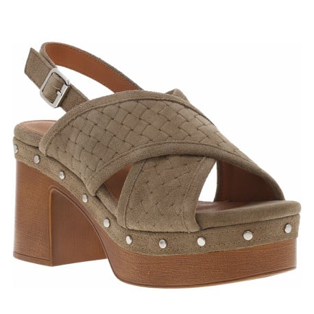 Nu-pieds en cuir nubuck taupe à talon décroché haut et boucle à ardillon
