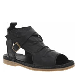 Nu-pieds en cuir noir à talon plat et à boucle à ardillon dorée