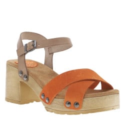 Nu-pieds en cuir nubuck orange à talon bloc décroché moyen et boucle à ardillon