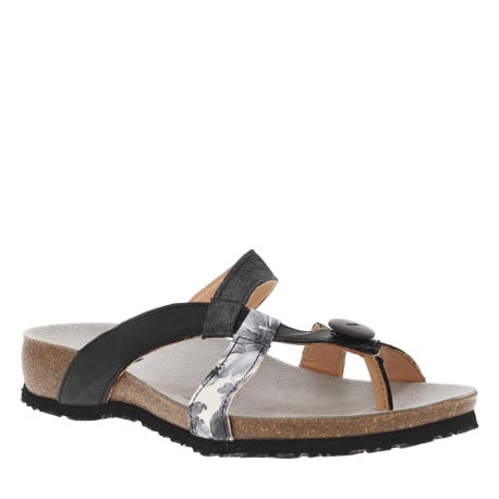 Sandales noires semi-compensées à première en cuir suède et bride entre-doigts