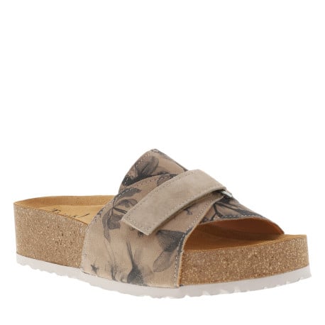 Sandales en cuir suède beige, semelle en liège compensé et bande auto-agrippante