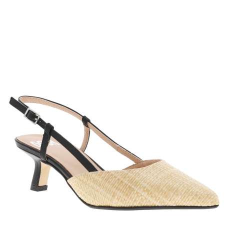 Escarpins talon découvert en cuir aspect raffia beige à talon virgule moyen - Image 3
