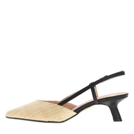 Escarpins talon découvert en cuir aspect raffia beige à talon virgule moyen