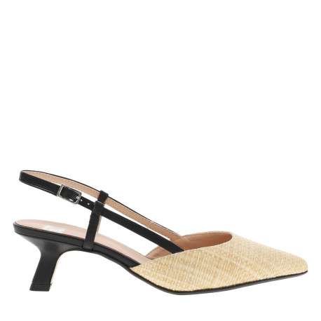 Escarpins talon découvert en cuir aspect raffia beige à talon virgule moyen - Image 2