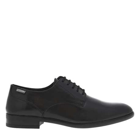 Derbies en cuir noir à bout pointu, talon décroché bas et lacets ronds enduis - Image 2