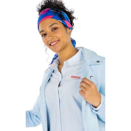 Chemisier blanc rayé en coton avec message brodé à la poitrine et col français
