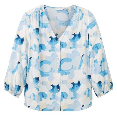 Blouse bleue imprimée avec une coupe droite col v et manches longues