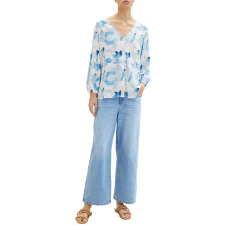 Blouse bleue imprimée avec une coupe droite col v et manches longues - Image 3
