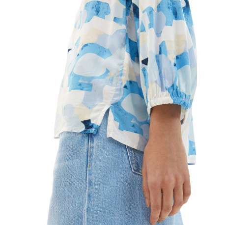 Blouse bleue imprimée avec une coupe droite col v et manches longues - Image 4