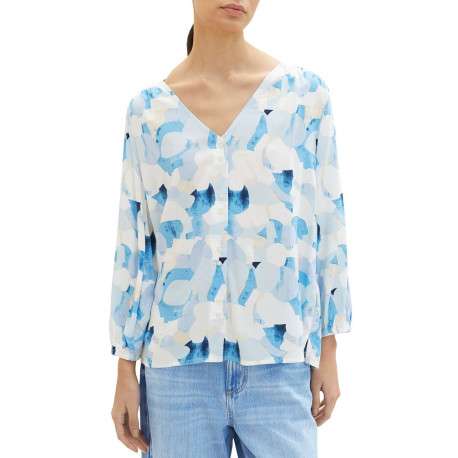Blouse bleue imprimée avec une coupe droite col v et manches longues - Image 5