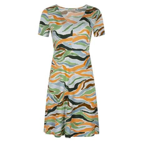 Robe courte multicolore imprimé abstrait avec une coupe droite et un col v