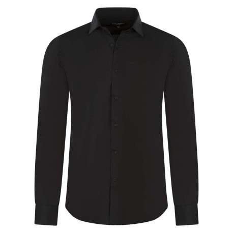 Chemise noire unie à coupe ajustée col italien et à manches longues